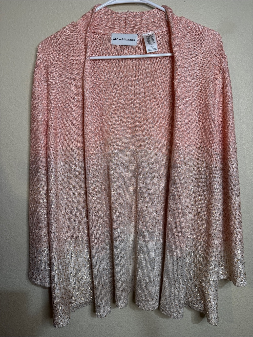 Alfred Dunner Pink to Cream Ombre Open-Front Cardigan with Subtle Sparkle
